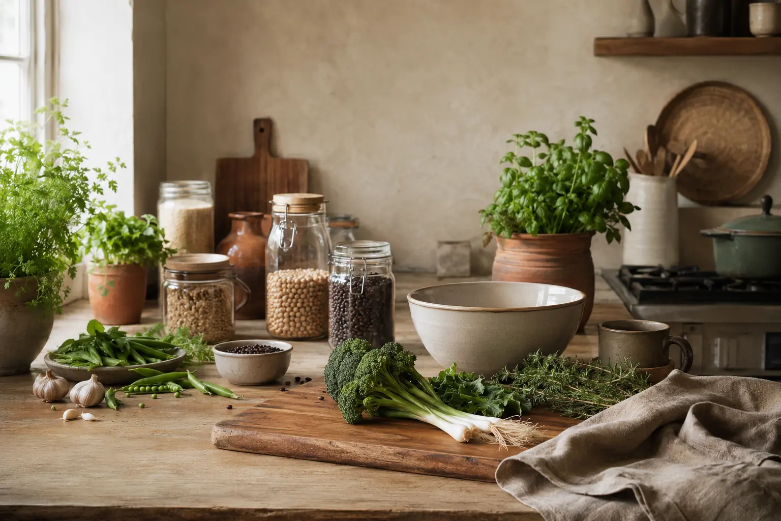 Calm kitchen worktop with grains, herbs and seasonal vegetables