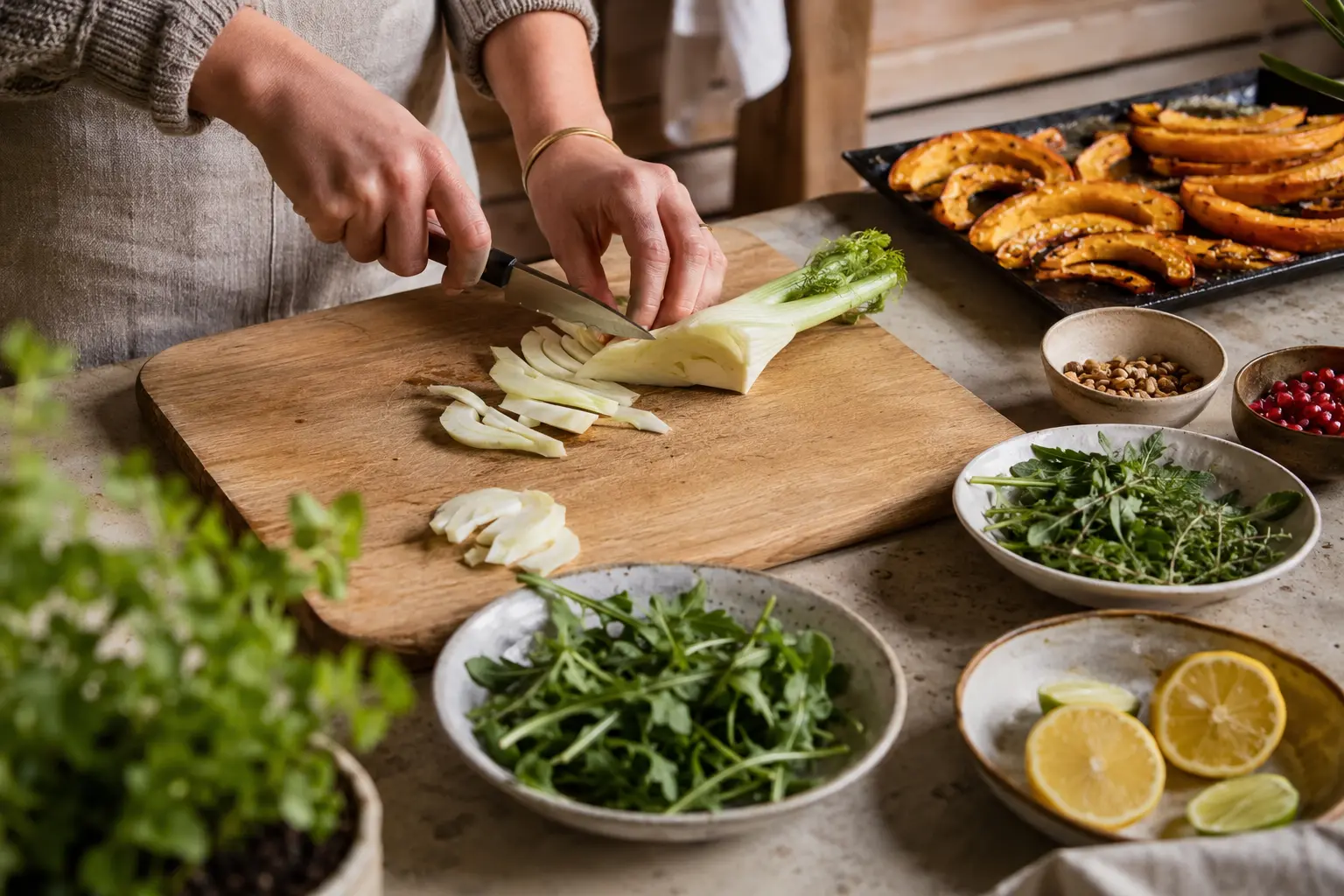 Hands preparing fennel and seasonal ingredients