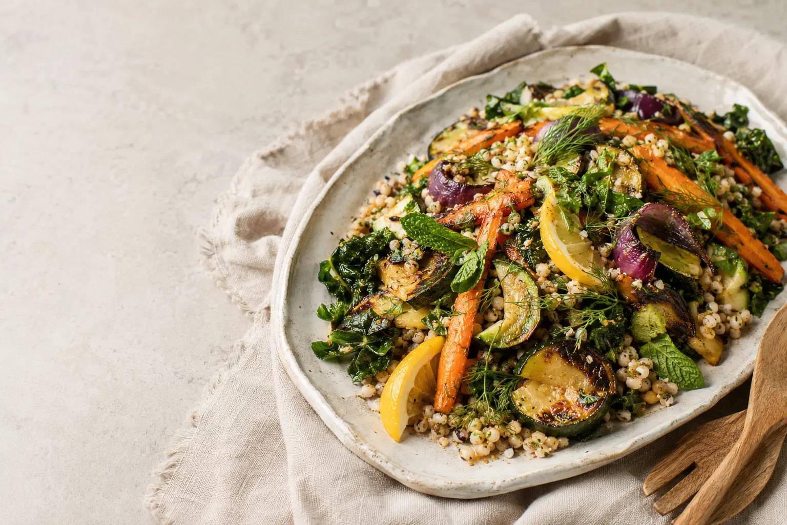 Roasted vegetable and herby grain bowl